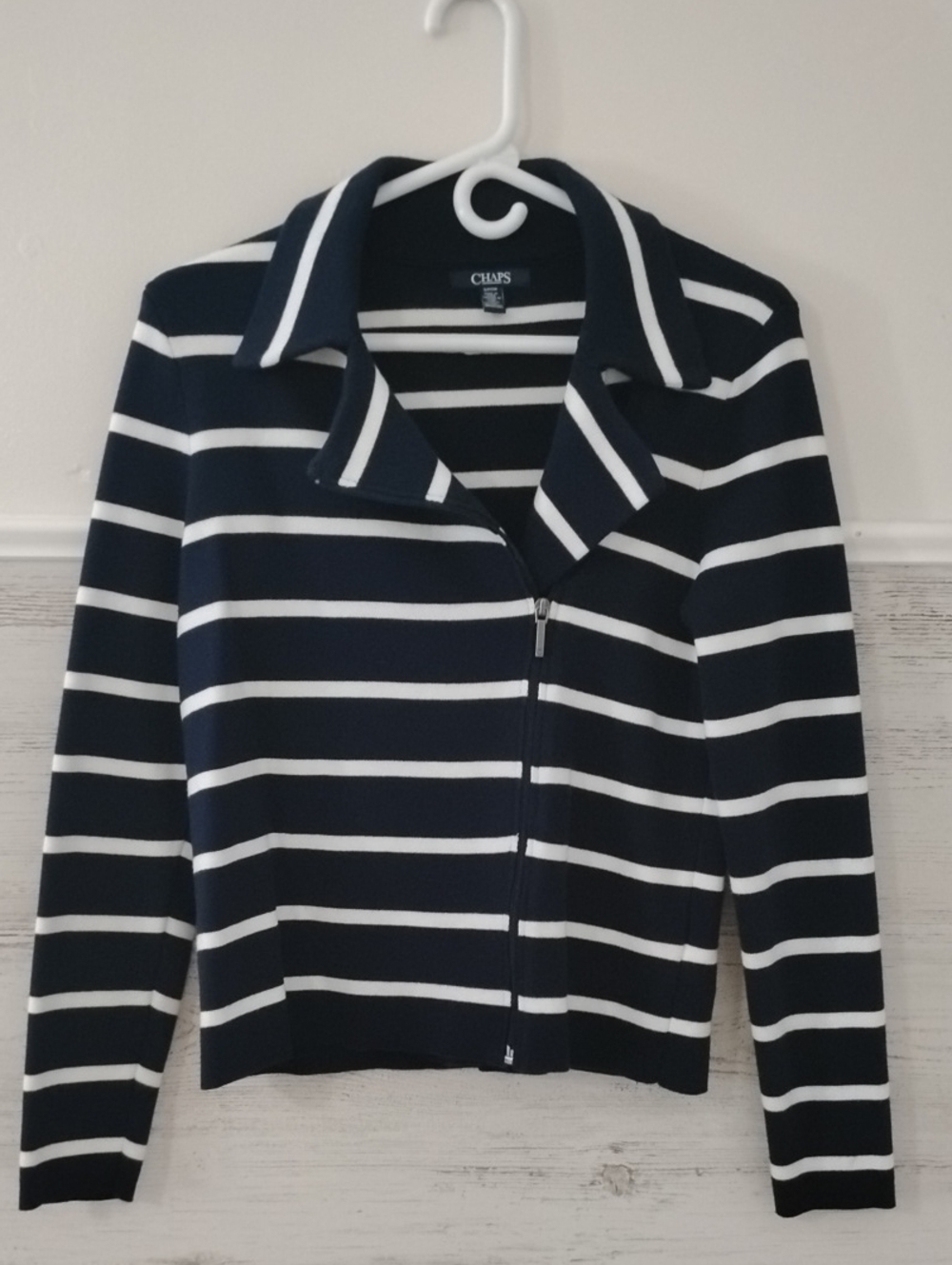 Chaps Navy & White Striped Zip-Front Cardigan Sweater